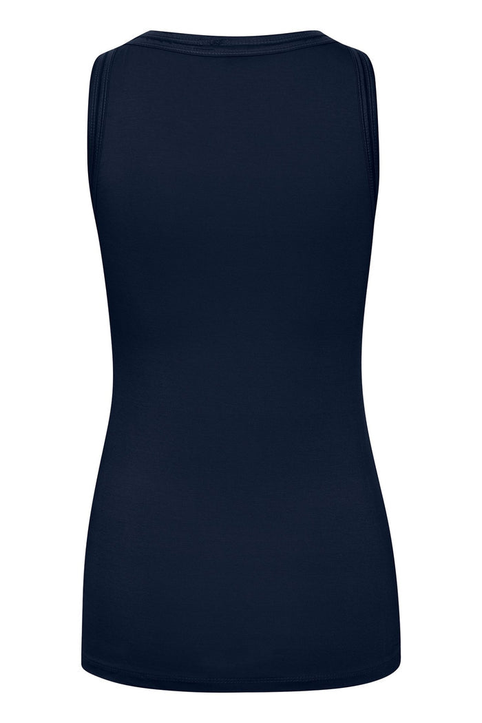 Navy blue sleeveless top on a white background