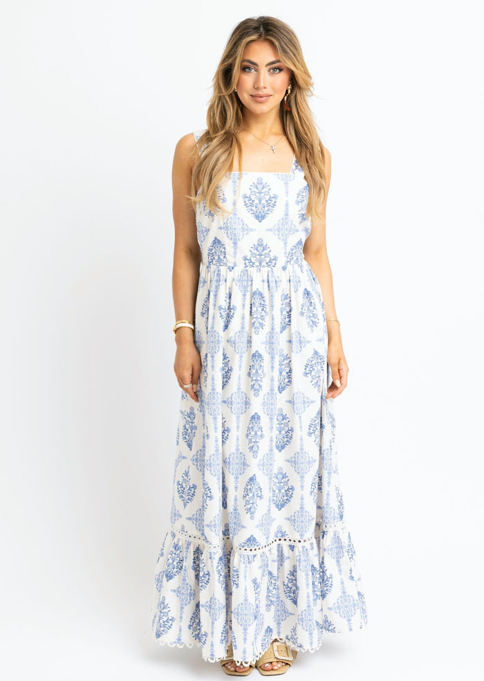 French Vintage Floral Tie Back Maxi Dress - Blue