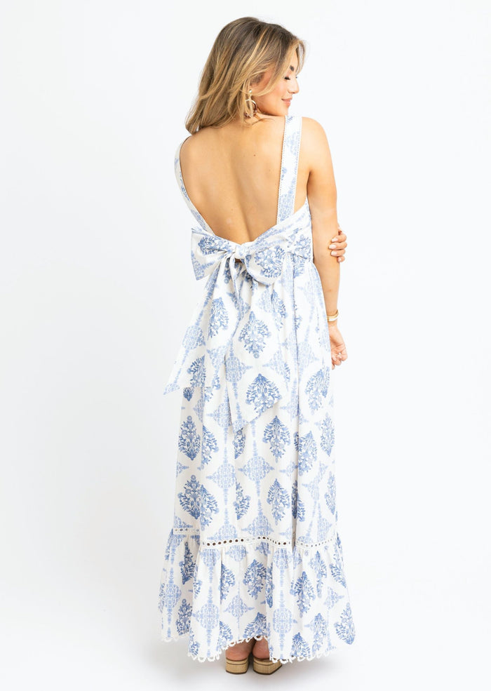 French Vintage Floral Tie Back Maxi Dress - Blue