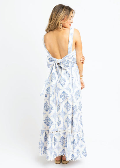 French Vintage Floral Tie Back Maxi Dress - Blue