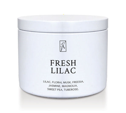 Fresh Lilac Candle Tin with brand logo on a white background
