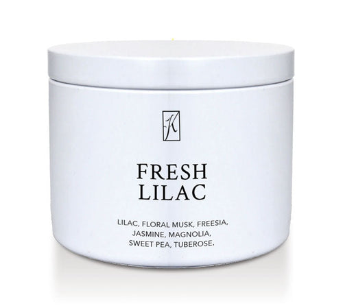 Fresh Lilac Candle Tin with brand logo on a white background