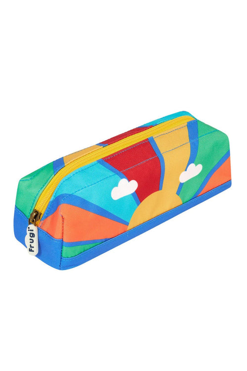 Colorful pencil case with a geometric pattern on a white background