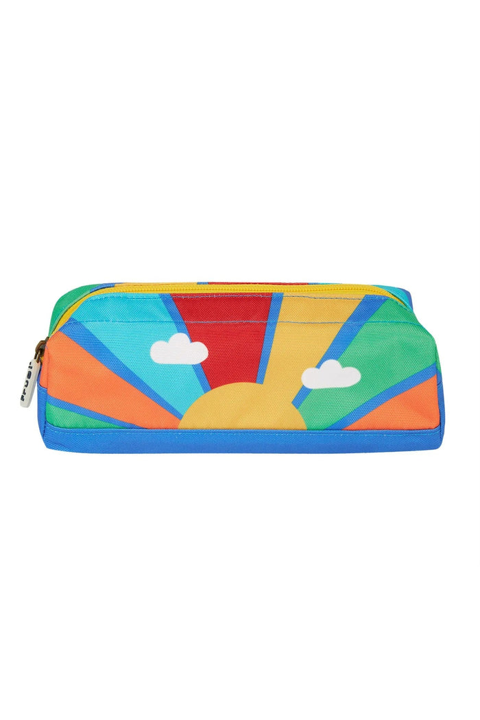 Colorful pencil case with geometric design on a white background