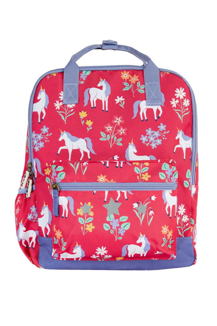 Backpack with unicorn and floral pattern on a red background