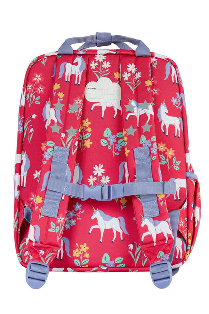 Red backpack with unicorn and floral pattern on a white background