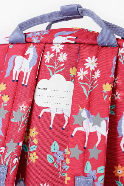 Red bag with unicorn and floral pattern and name tag
