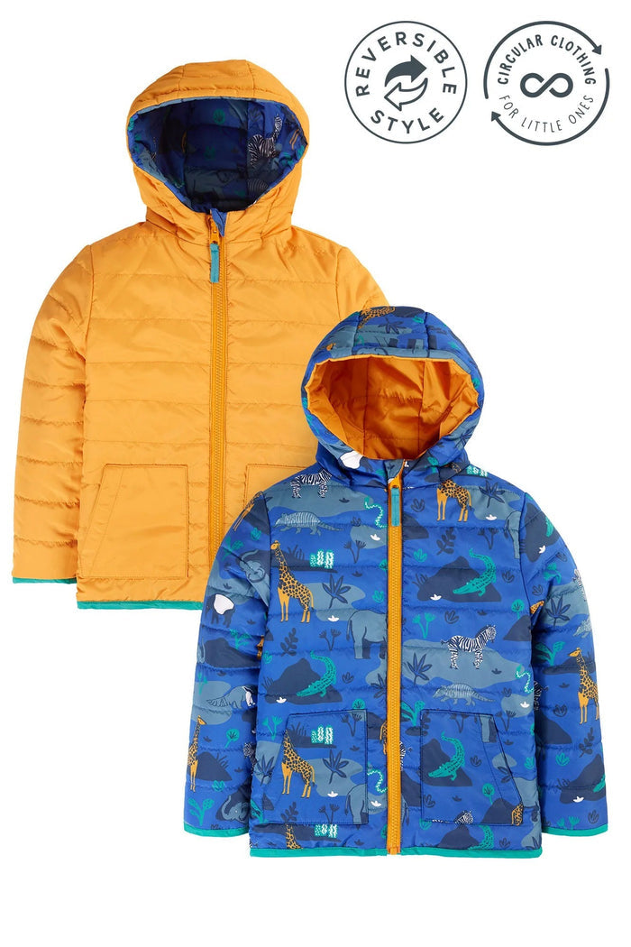 Two children's jackets, one orange and one blue with animal pattern, on a white background.