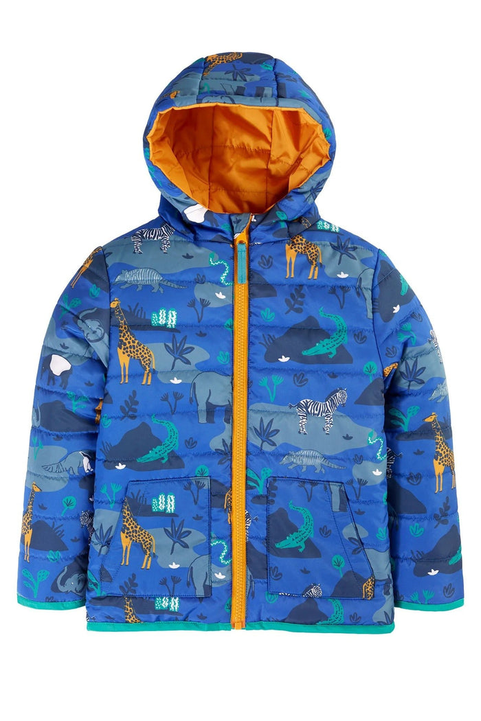 Children's blue jacket with animal pattern and orange interior on a white background