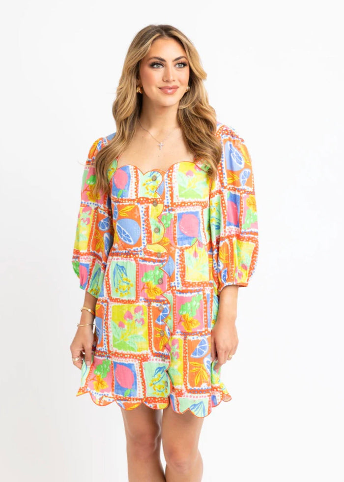 Fruit Gauze Scallop Dress - Lime