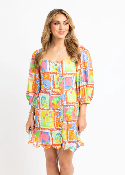 Fruit Gauze Scallop Dress - Lime