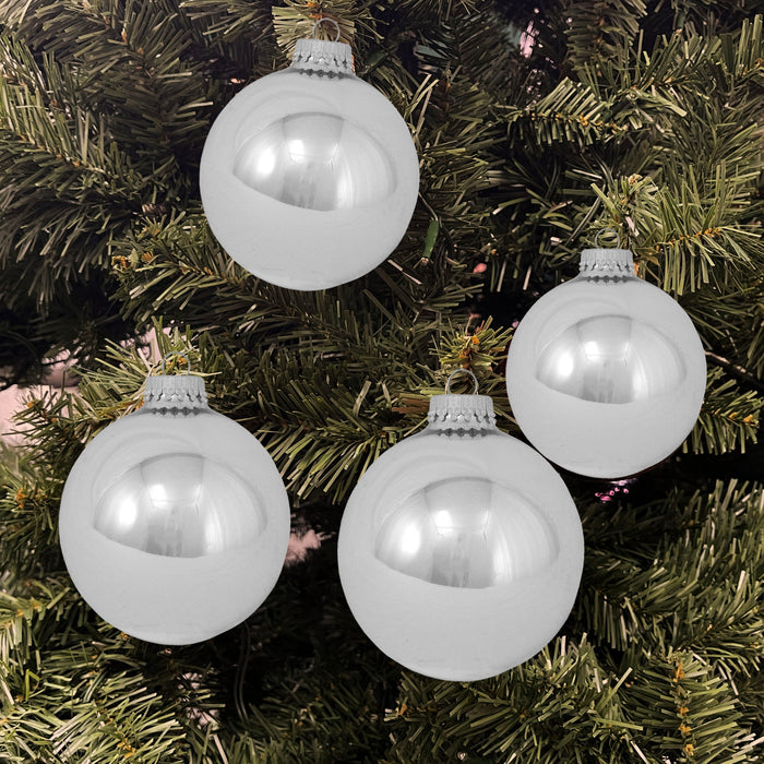 Glass Christmas Tree Ornaments - 80mm / 3.25" [4 Pieces] Designer Balls from Christmas By Krebs Seamless Hanging Holiday Decor (Bright Silver)