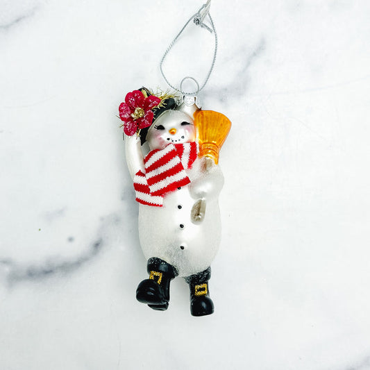 Glass Snowman w/Broom Ornament 4.5"