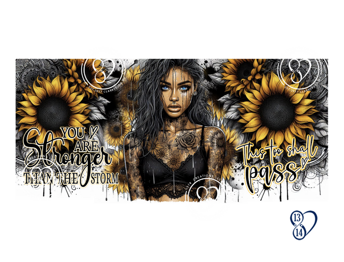 This Too Shall Pass ceramic coffee mug with dramatic golden sunflower and floral artwork.