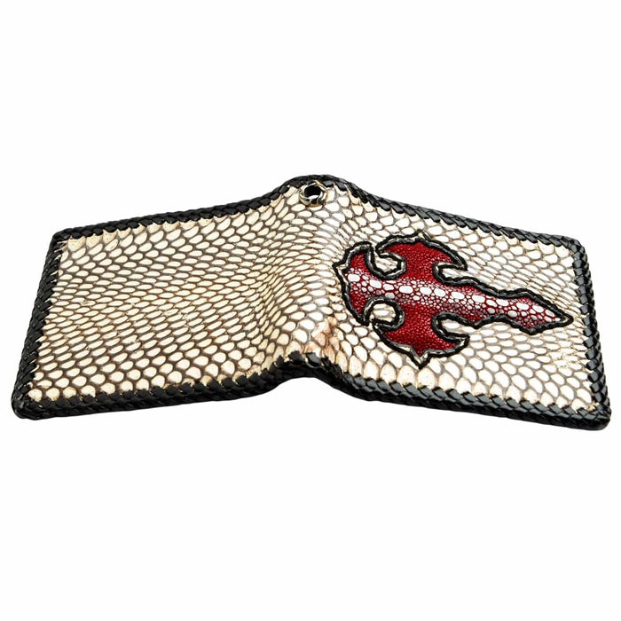 A compact biker wallet with a bold, red gothic cross made from shagreen.