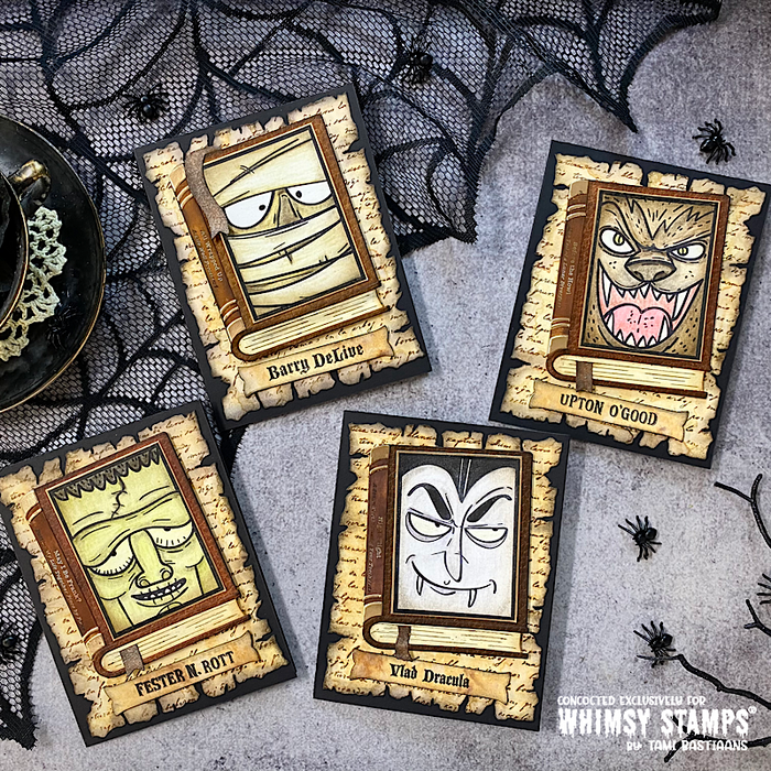 Four handmade Halloween cards featuring monster characters (Mummy, Werewolf, Frankenstein, and Dracula) overlaid on book die-cuts with vintage paper scrap backgrounds.