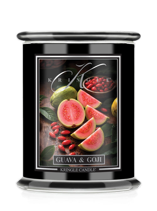 Kringle Candle Guava & Goji candle with fruit illustration on a white background