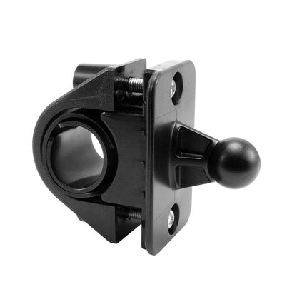 A black plastic and metal handlebar mount with securing bolts, designed to attach your Garmin nuvi 40, 50, 200, 2013, 24x5, or 25x5 GPS to a bike or motorcycle.