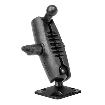 The Heavy-Duty Car or Wall Mounting Pedestal features a black, adjustable arm with a 4-hole AMPS drill base and 17mm ball heads at both ends, plus a side tightening knob labeled Arkon.