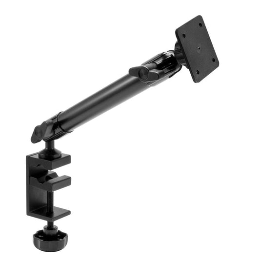The Heavy-Duty Clamp Mounting Pedestal has a 10-inch adjustable arm and a secure table clamp for desk attachment, featuring a 4-hole AMPS compatible mounting plate for easy monitor installation.