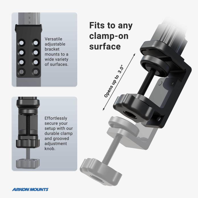 The Heavy-Duty Desk, Cart or Table Clamp Mounting Pedestal with 22 flexible gooseneck secures to surfaces up to 3.3 thick. Close-ups show mounting holes, clamp, and adjustment knob for easy setup. Ideal for smartphones and tablets.