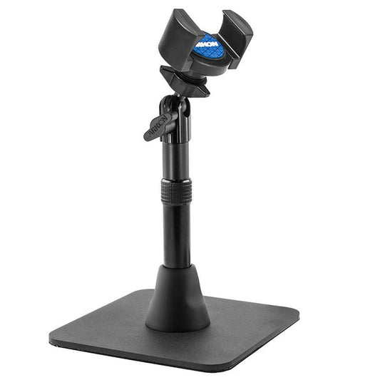 The Heavy-Duty RoadVise® Phone Stand for Live Mobile Streaming features a black, adjustable design with a weighted square base and phone holder—perfect for content creators and live streaming—displayed against a white background.