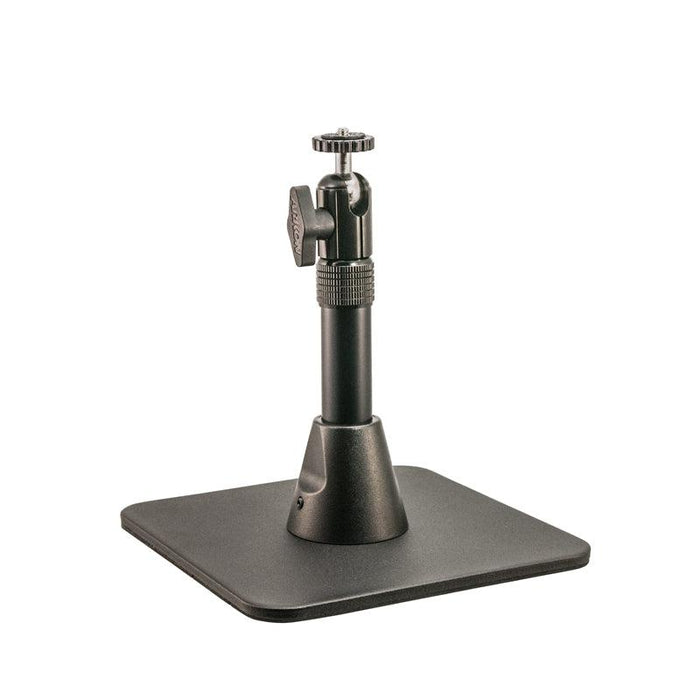 The Height-Adjustable Camera Desk Stand (7.5–9.75 in) is ideal for securing your Mevo live streaming camera, featuring a black square base, vertical pole, and tightening knobs for stability and easy setup on any desk.