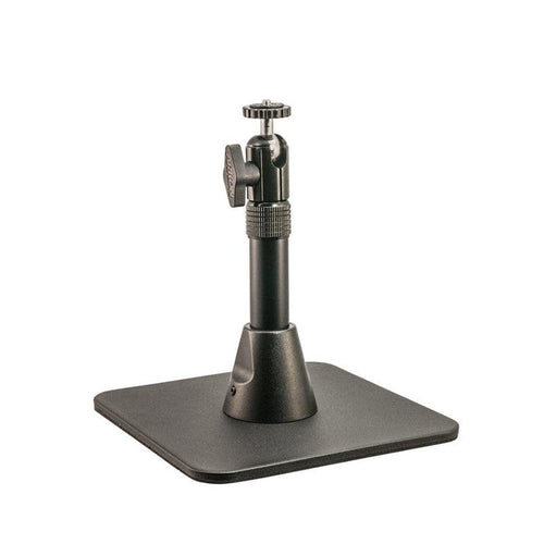 The Height-Adjustable Camera Desk Stand (7.5–9.75 in) is ideal for securing your Mevo live streaming camera, featuring a black square base, vertical pole, and tightening knobs for stability and easy setup on any desk.