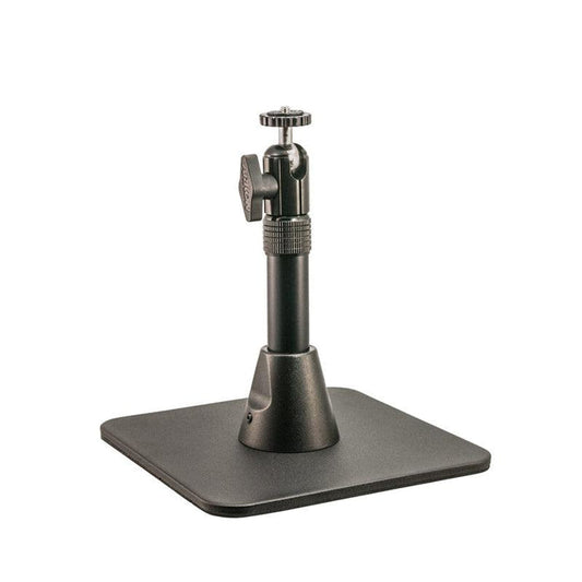 The Height-Adjustable Camera Desk Stand (7.5–9.75 in) is ideal for securing your Mevo live streaming camera, featuring a black square base, vertical pole, and tightening knobs for stability and easy setup on any desk.