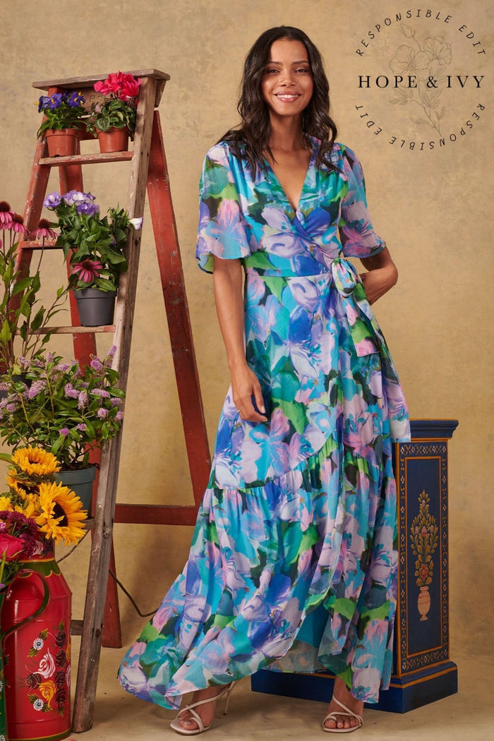 Hope and Ivy The Everleigh Flutter Sleeve Maxi Wrap Dress with Tie Waist - Dotique - Hope and Ivy