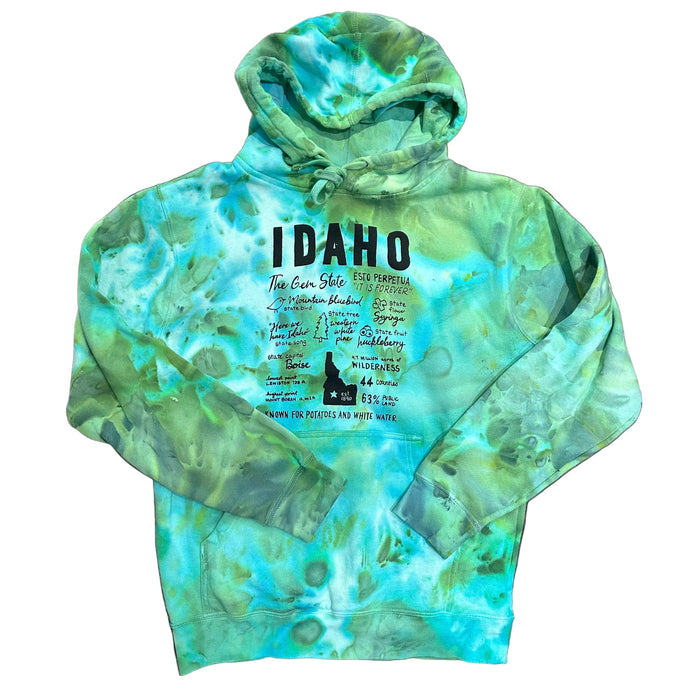 Ice Dyed Idaho Facts Pullover Hoodie. Screen Printed Sweatshirt with Eco Friendly Waterbased Inks