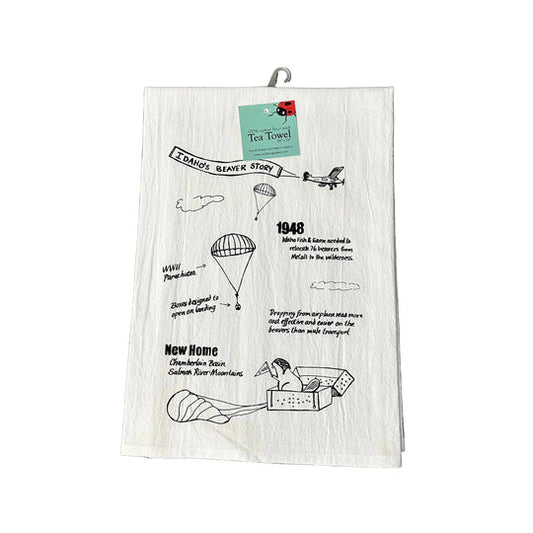 Idaho Beaver Story Tea Towel, Screen Printed flour sack towel