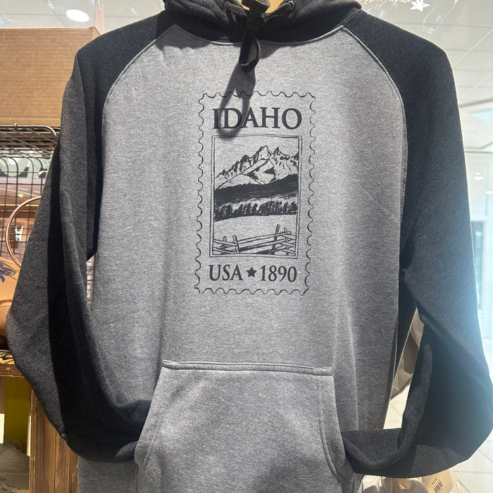 Idaho Stamp Raglan Hoodie, screen printed with eco-friendly waterbased inks, adult sizes