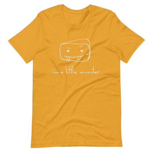 "I'm a Little Munster" Adult Unisex T-Shirt in mustard yellow with a playful vampire cheese graphic.