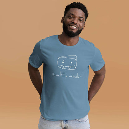 "I'm a Little Munster" adult unisex t-shirt in blue with a playful monster design.