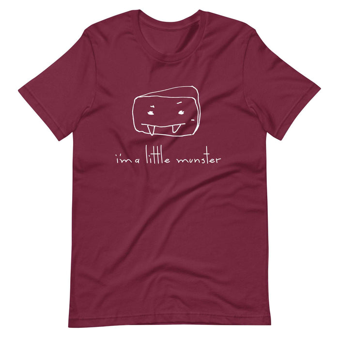 "I'm a Little Munster" adult unisex t-shirt, soft cotton, burgundy color.