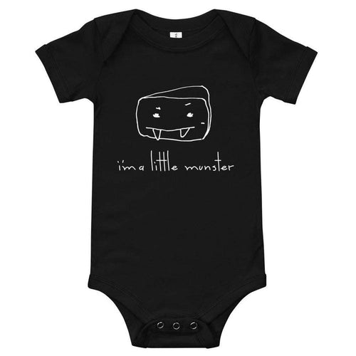 "I'm a Little Munster" baby one-piece, black, 100% cotton, with humorous print and snap closure.