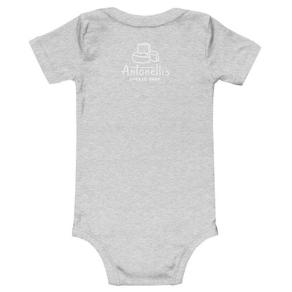 "I'm a Little Munster" baby one-piece in gray featuring Antonelli's Cheese Shop logo on the back.