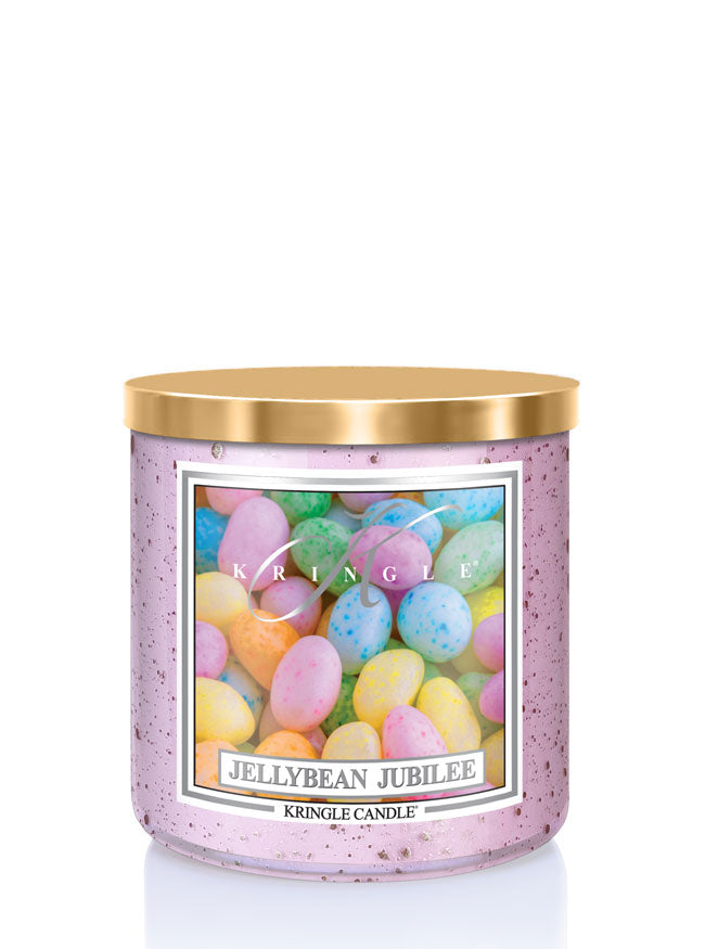 Kringle Candle Jellybean Jubilee candle with gold lid on a white background