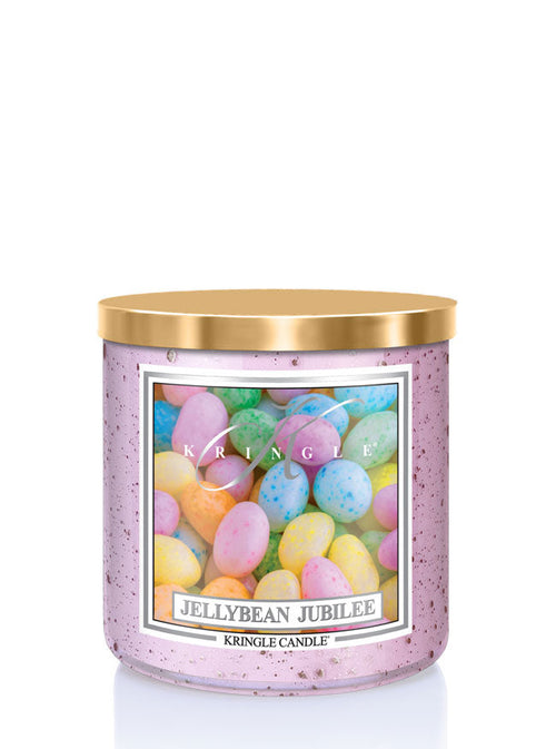 Kringle Candle Jellybean Jubilee candle with gold lid on a white background
