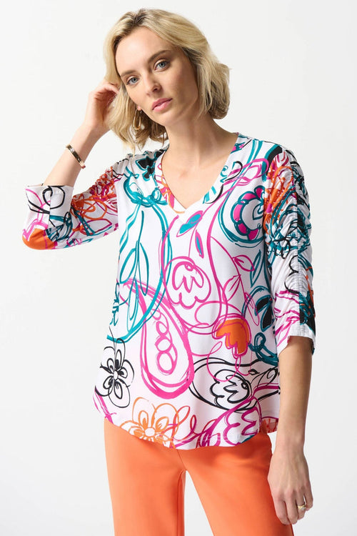 Joseph Ribkoff 242179 Vanilla Multi Paisley Print V-Neck Jersey Top - Dotique