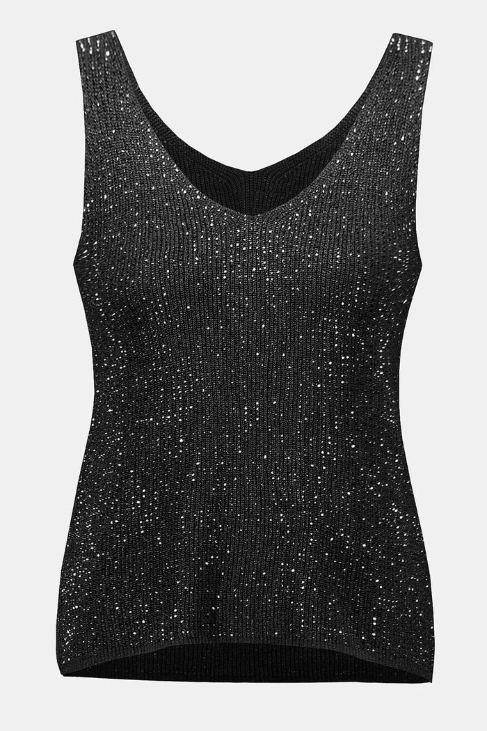 Joseph Ribkoff 252915F25 Black V - Neck Metallic Knitted Camisole with Rhinestones - Dotique - Joseph Ribkoff