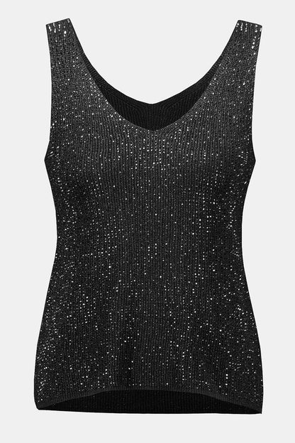 Joseph Ribkoff 252915F25 Black V - Neck Metallic Knitted Camisole with Rhinestones - Dotique - Joseph Ribkoff