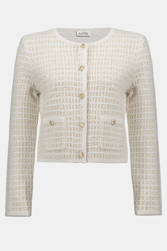 Joseph Ribkoff 254938 Winter White Sequined Sweater Knit Cardigan with Gold Buttons - Dotique - Joseph Ribkoff
