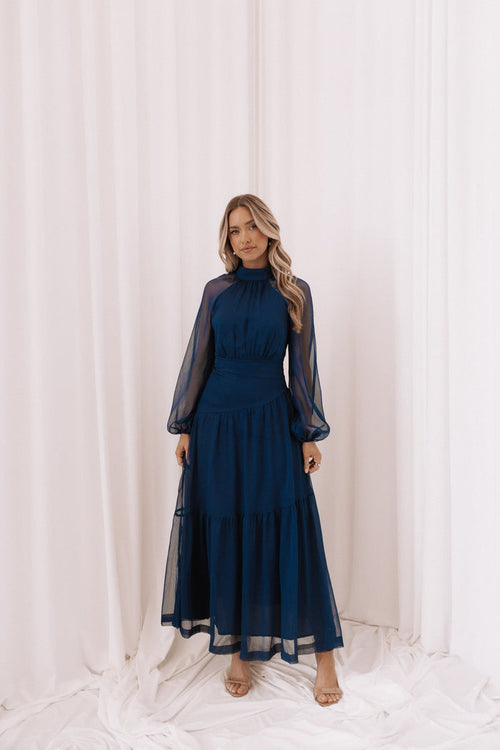 Petal and Pup USA DRESSES Julip Sheer Long Sleeve Maxi Dress - Navy