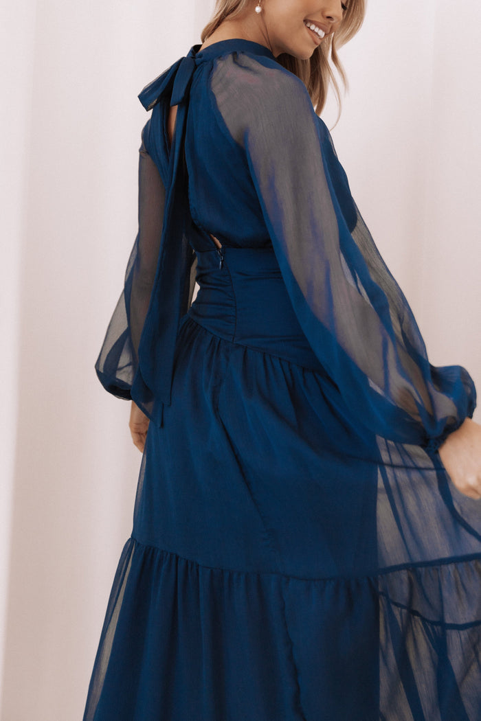 Petal and Pup USA DRESSES Julip Sheer Long Sleeve Maxi Dress - Navy