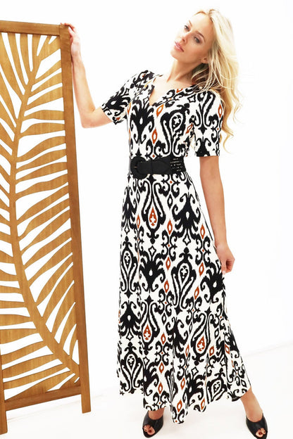 K-Design Y339 Black White Print Maxi Dress & Belt - Dotique