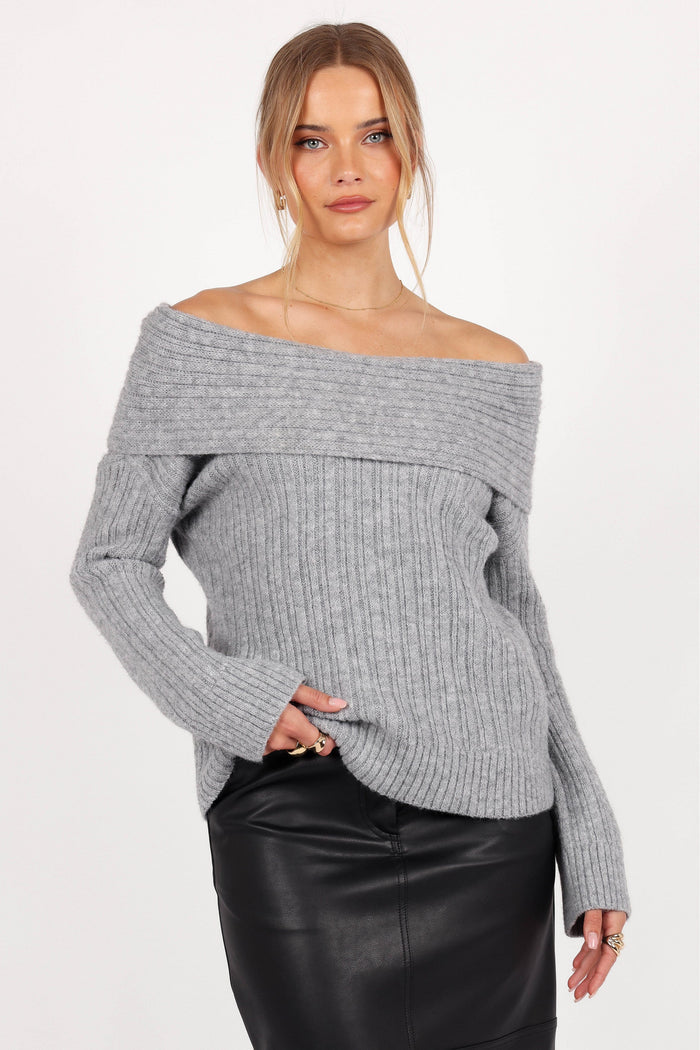 Petal and Pup USA KNITWEAR Kenny Off Shoulder Knit Sweater - Grey