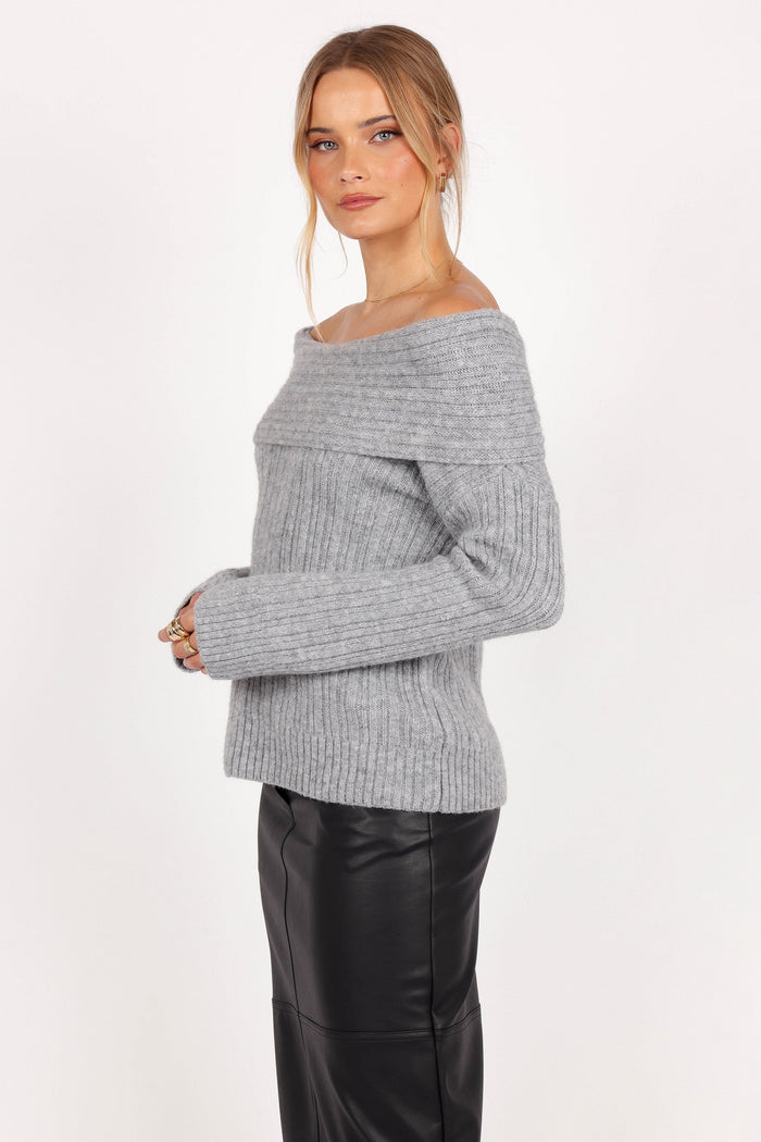 Petal and Pup USA KNITWEAR Kenny Off Shoulder Knit Sweater - Grey