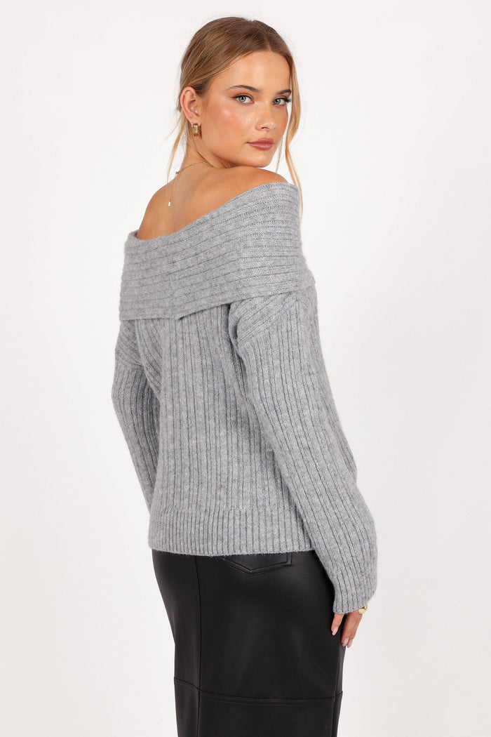 Petal and Pup USA KNITWEAR Kenny Off Shoulder Knit Sweater - Grey